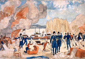 Admiral Cockburn burning and plundering Havre de Grace on the 1st of June 1813. Done from a Sketch [sic] taken on the spot at the time. Hambleton Print Collection.